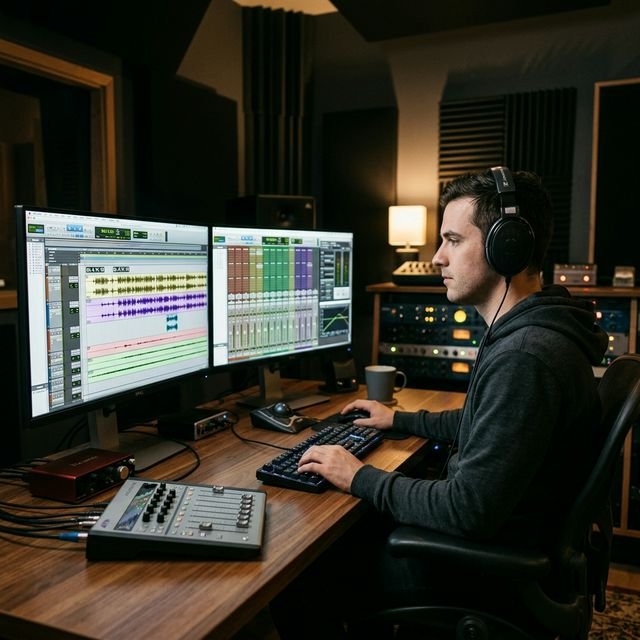 An audio engineer meticulously editing an audiobook timeline on a dual-monitor setup