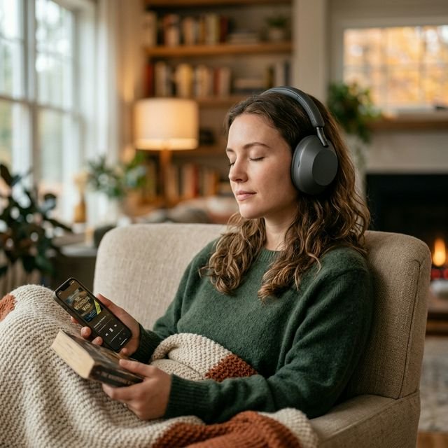 A person wearing premium wireless headphones deeply engrossed in an audiobook