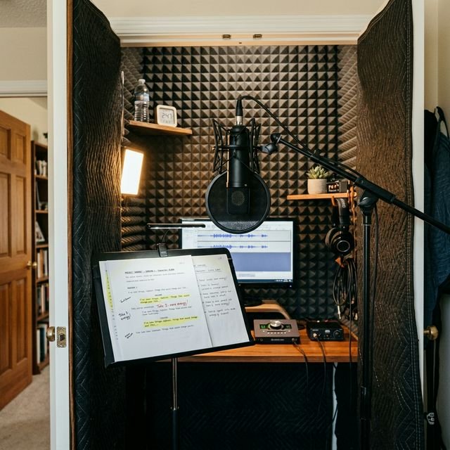 A DIY home recording studio setup for an independent voice actor