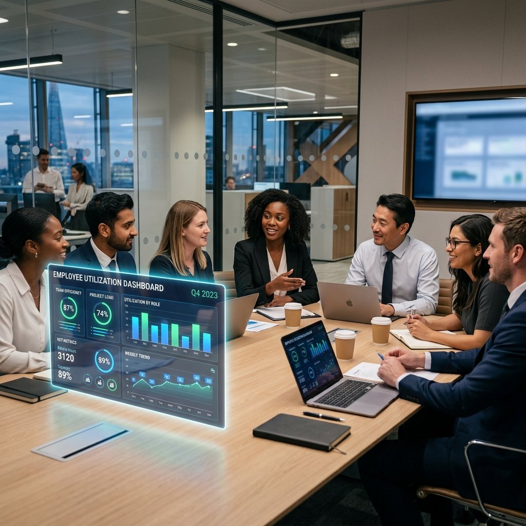 Corporate professionals reviewing an interactive dashboard displaying employee utilization rates